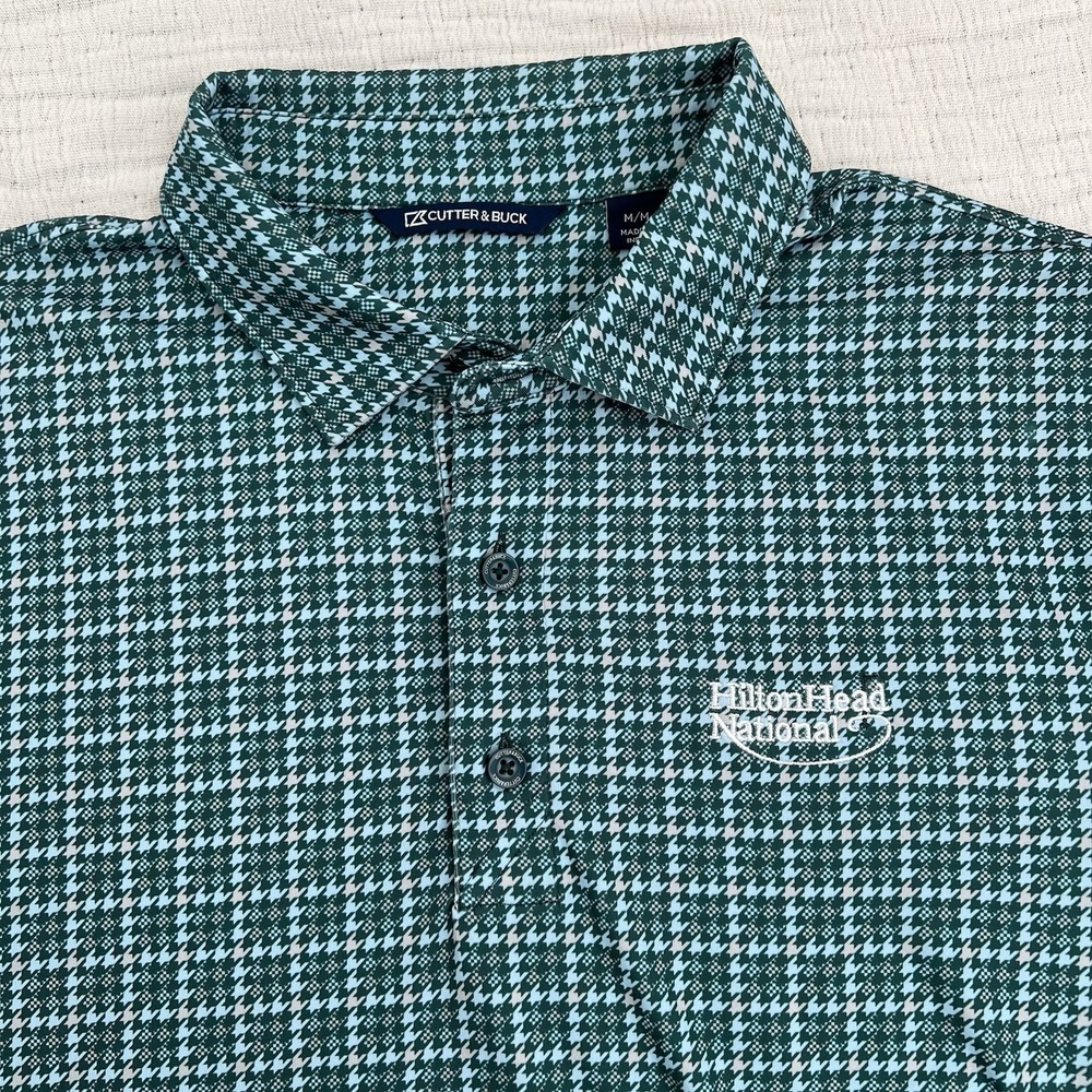 Cutter & Buck Polo Shirt Mens Med Green  White Square CB DryTec Golf Performance